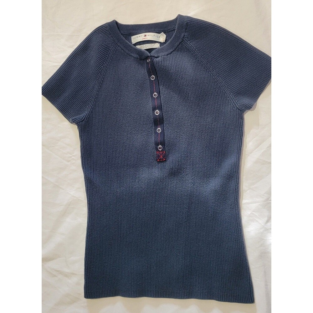 Tommy Hilfiger Y2K Ribbed Knit Top Women’s Medium Navy Blue Short Sleeve Henley